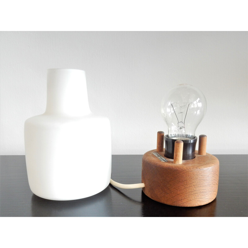 Vintage oak and opal glass table lamp by Uno and Östen Kristiansson for Luxus, Sweden 1950