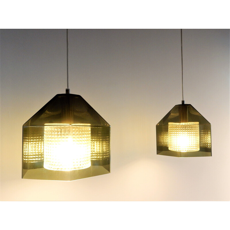 Pair of vintage hexagon pendant lamps by Carl Fagerlund for Orrefors, Sweden 1960s