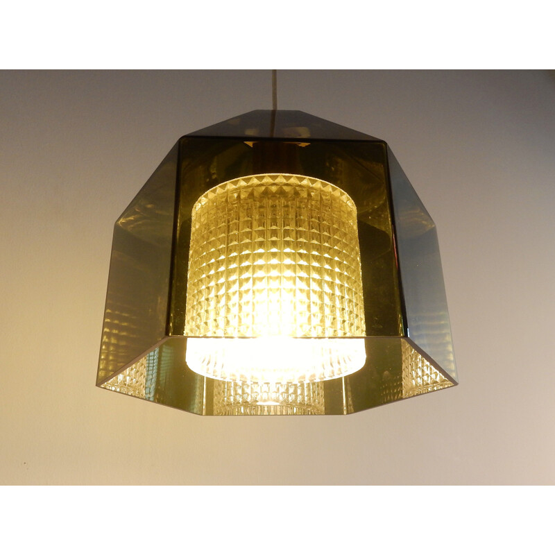 Pair of vintage hexagon pendant lamps by Carl Fagerlund for Orrefors, Sweden 1960s