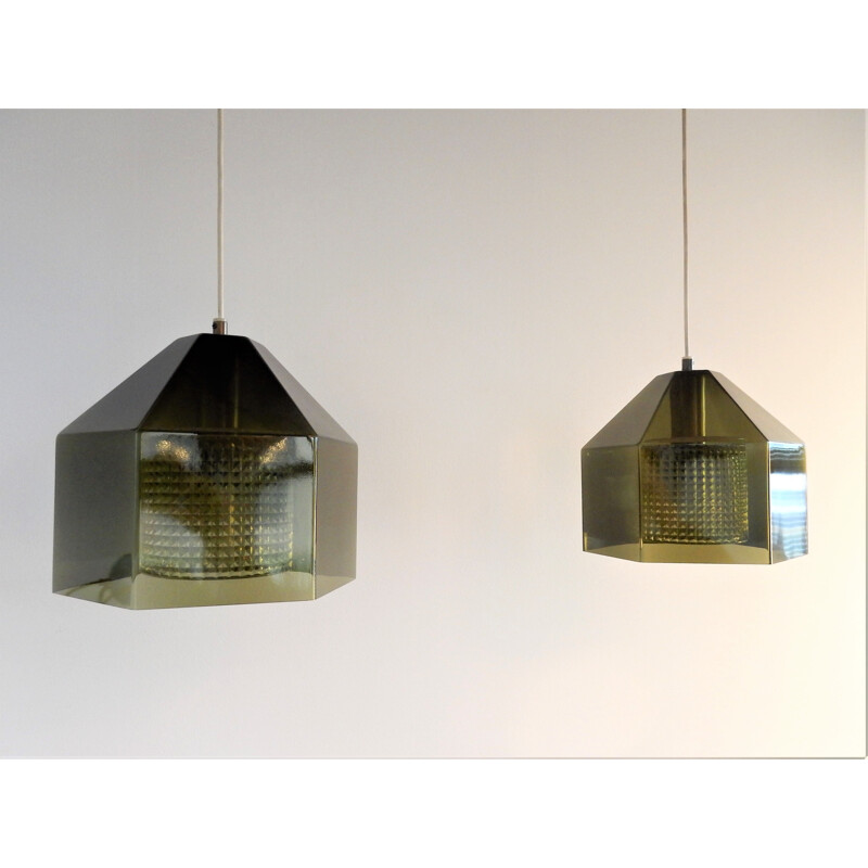 Pair of vintage hexagon pendant lamps by Carl Fagerlund for Orrefors, Sweden 1960s