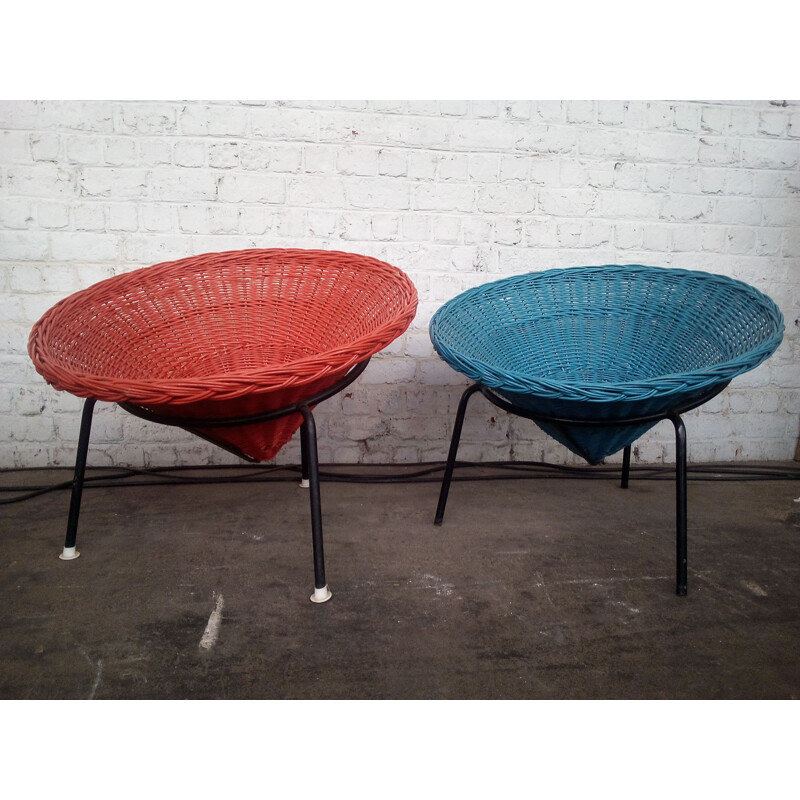 Pair of vintage wicker chairs in red and blue swedish 1960