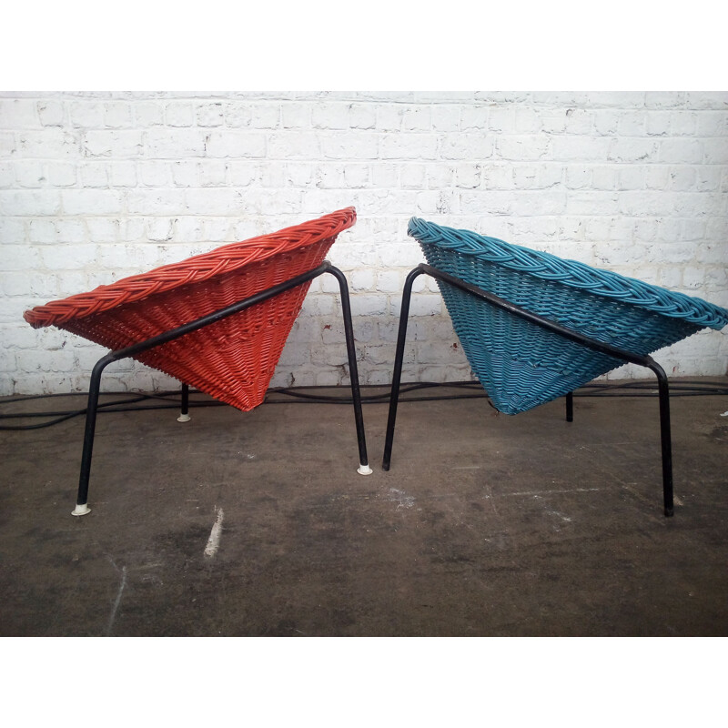 Pair of vintage wicker chairs in red and blue swedish 1960