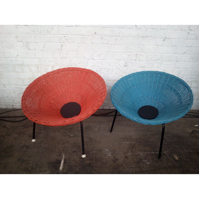 Pair of vintage wicker chairs in red and blue swedish 1960