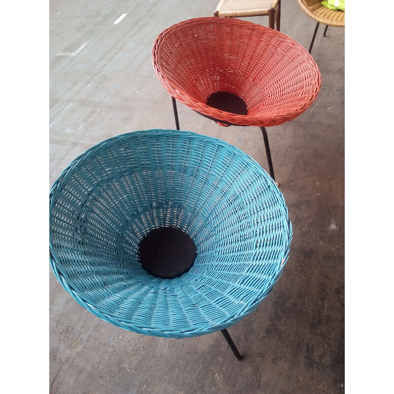 Pair of vintage wicker chairs in red and blue swedish 1960