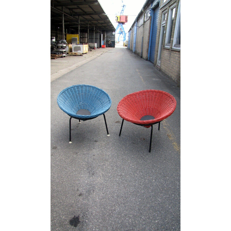 Pair of vintage wicker chairs in red and blue swedish 1960