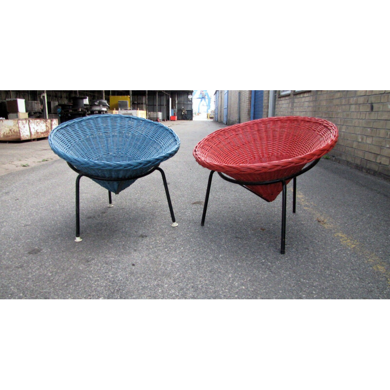 Pair of vintage wicker chairs in red and blue swedish 1960