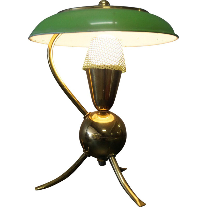 Green table lamp with tripod legs in brass - 1950s