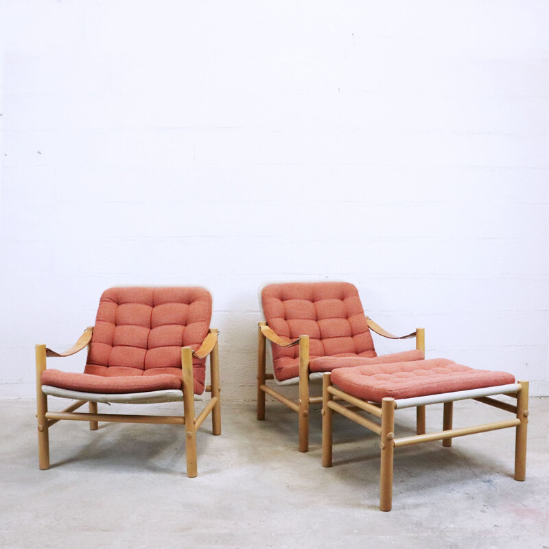 Pair of vintage Safari Armchairs in beech and leather by Bror Boije for Dux, Sweden 1960