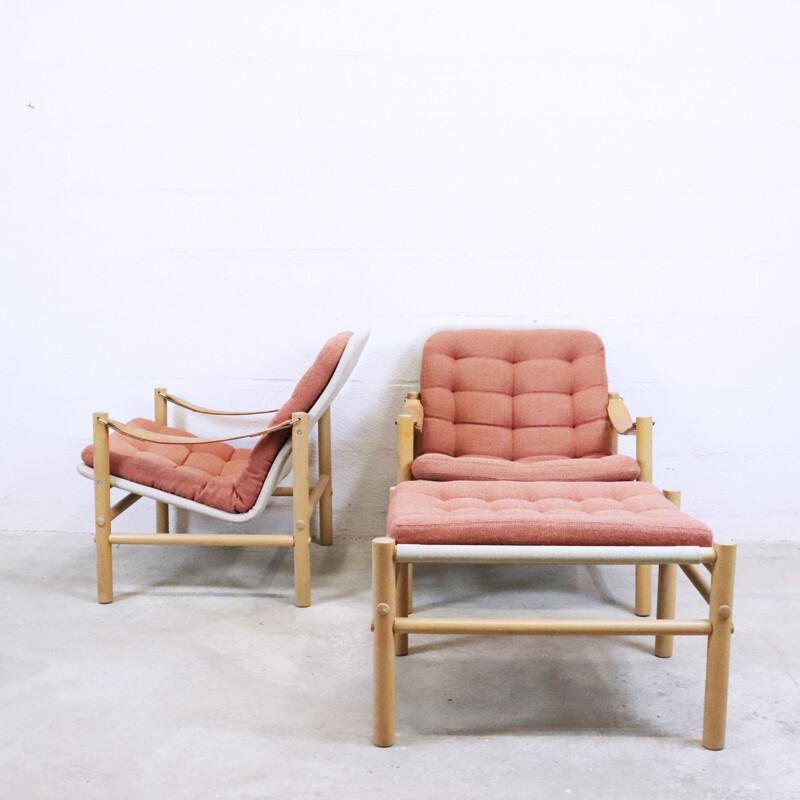 Paar vintage Safari beukenhouten en lederen fauteuils van Bror Boije voor Dux, Zweden 1960