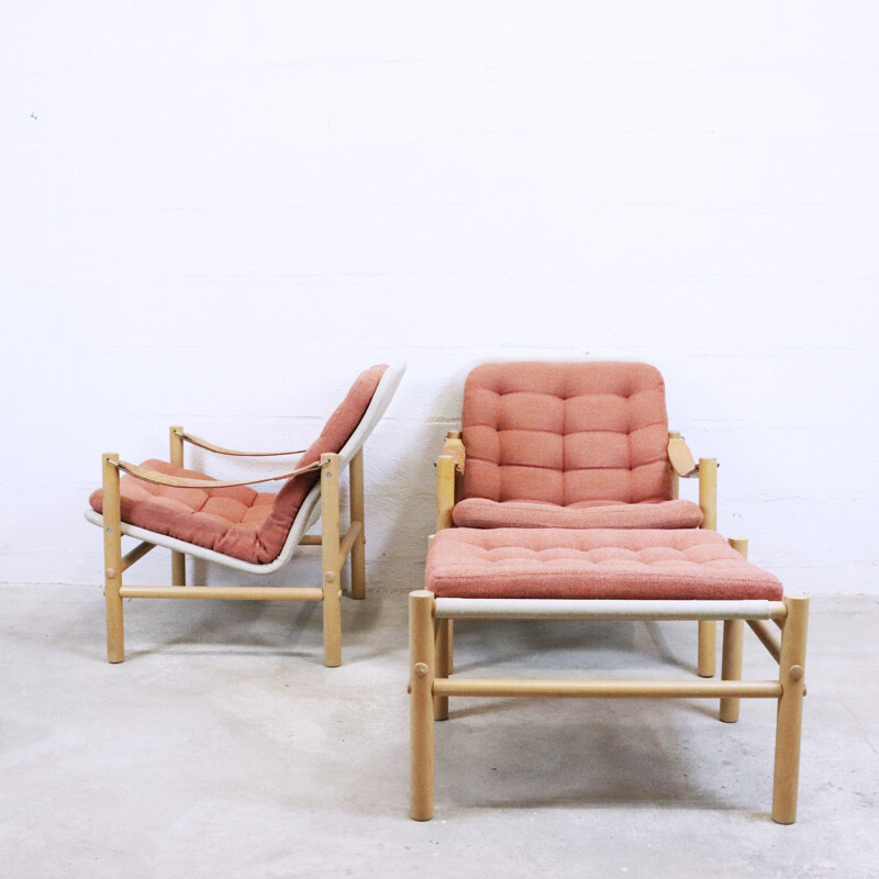 Pair of vintage Safari Armchairs in beech and leather by Bror Boije for Dux, Sweden 1960