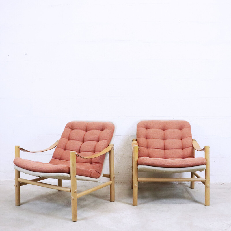 Pair of vintage Safari Armchairs in beech and leather by Bror Boije for Dux, Sweden 1960