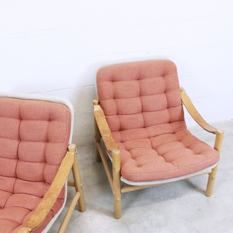 Paar vintage Safari beukenhouten en lederen fauteuils van Bror Boije voor Dux, Zweden 1960