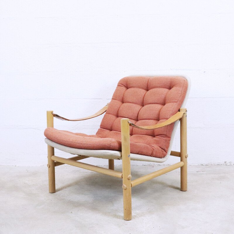 Pair of vintage Safari Armchairs in beech and leather by Bror Boije for Dux, Sweden 1960