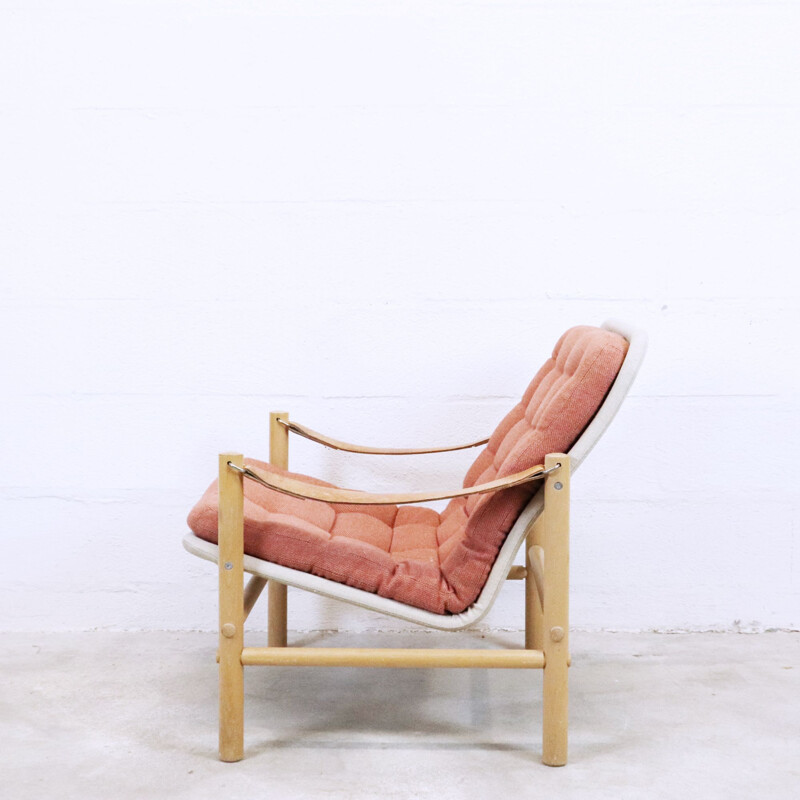 Pareja de sillones Safari vintage de madera de haya y cuero, por Bror Boije para Dux, Suecia 1960