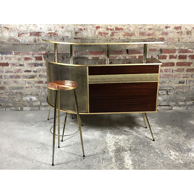 Bar cocktail vintage en formica et laiton doré 1950