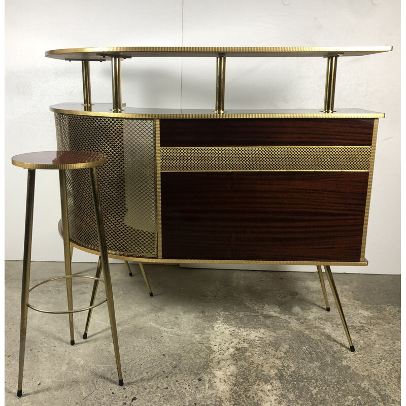 Bar cocktail vintage en formica et laiton doré 1950