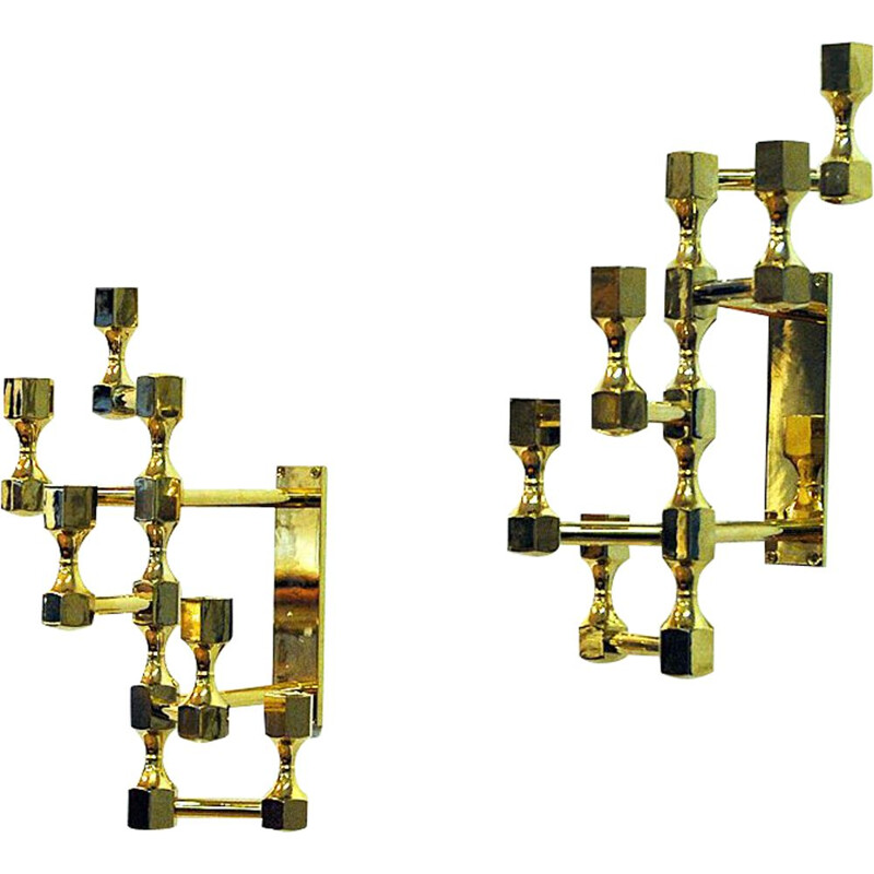 Vintage Brass five arm wall candelabrum pair by Lars Bergsten for Gusum Swedish 1990s