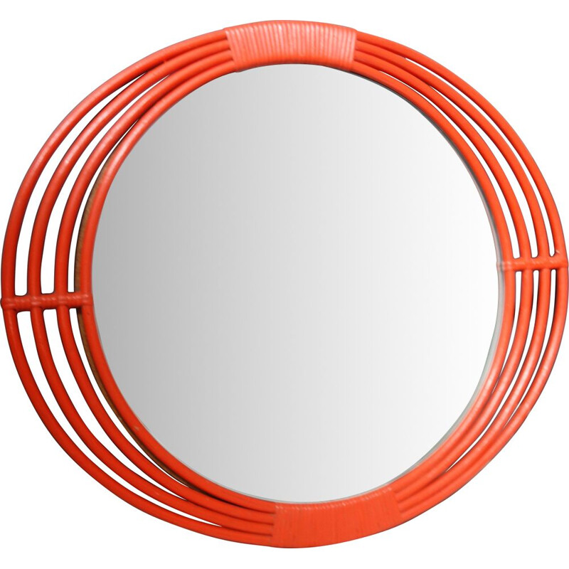 Vintage Orange rattan  Wicker mirror 1960s