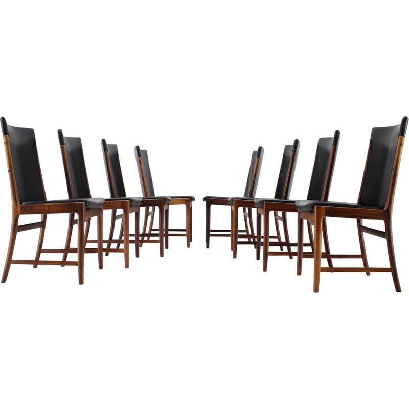 Set of 8 vintage Palisander Leather Dining Chairs Kai Lyngfelt-Larsen 1960s