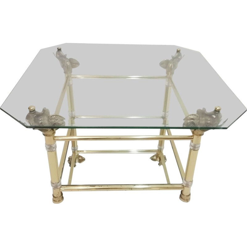 Vintage brass and glass coffee table with elephant heads by Hollywood Regency, 1970