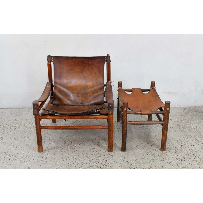 Vintage Leather Safari Lounge Chair with Ottoman