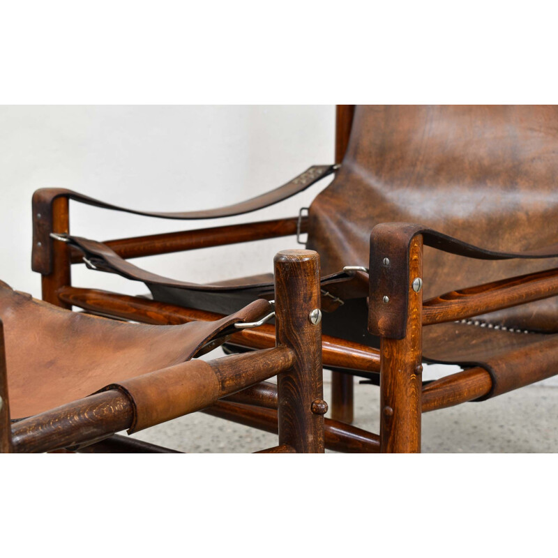 Fauteuil lounge vintage Safari en cuir avec ottoman