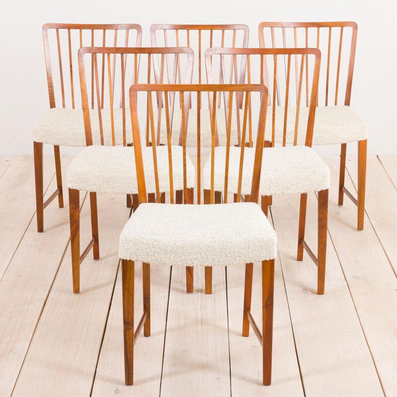 Set van 6 vintage notenhouten lusstoelen van Frits Henningsen Denemarken 1950