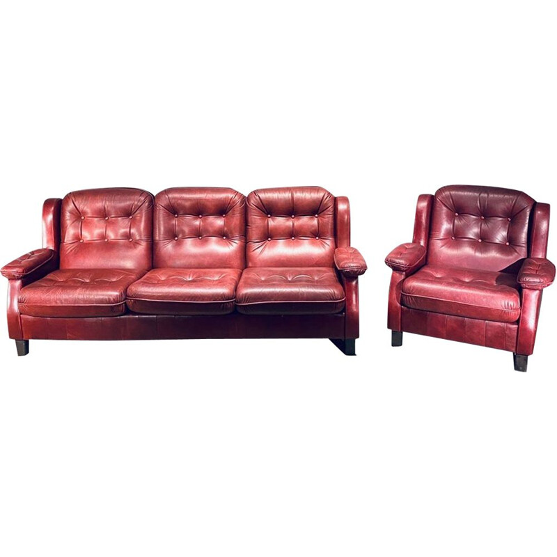 Canapé en cuir vintage 3 places et fauteuil Suède 1960