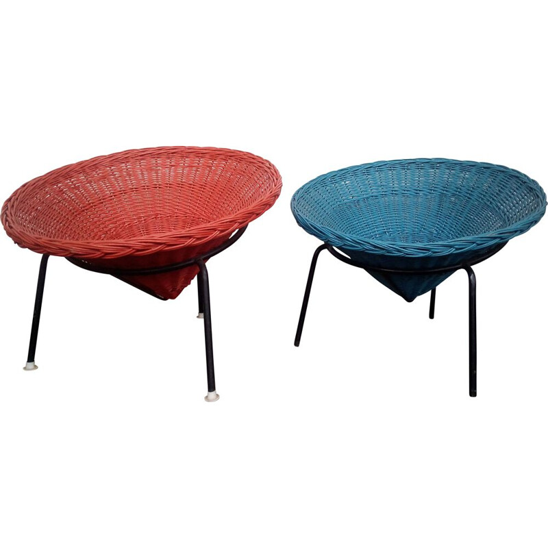 Pair of vintage wicker chairs in red and blue swedish 1960