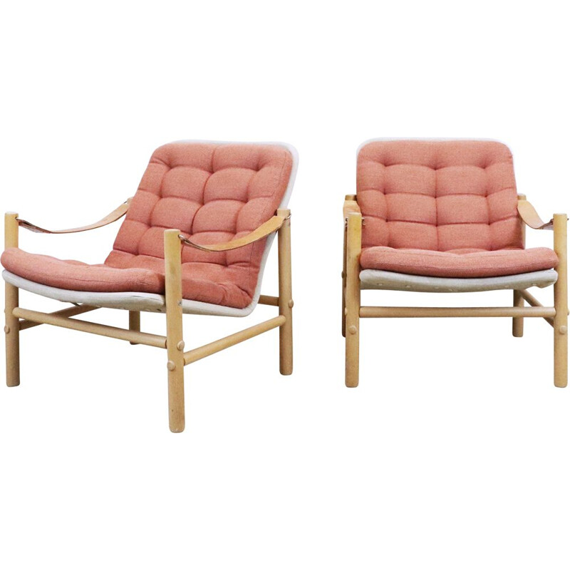 Pair of vintage Safari Armchairs in beech and leather by Bror Boije for Dux, Sweden 1960