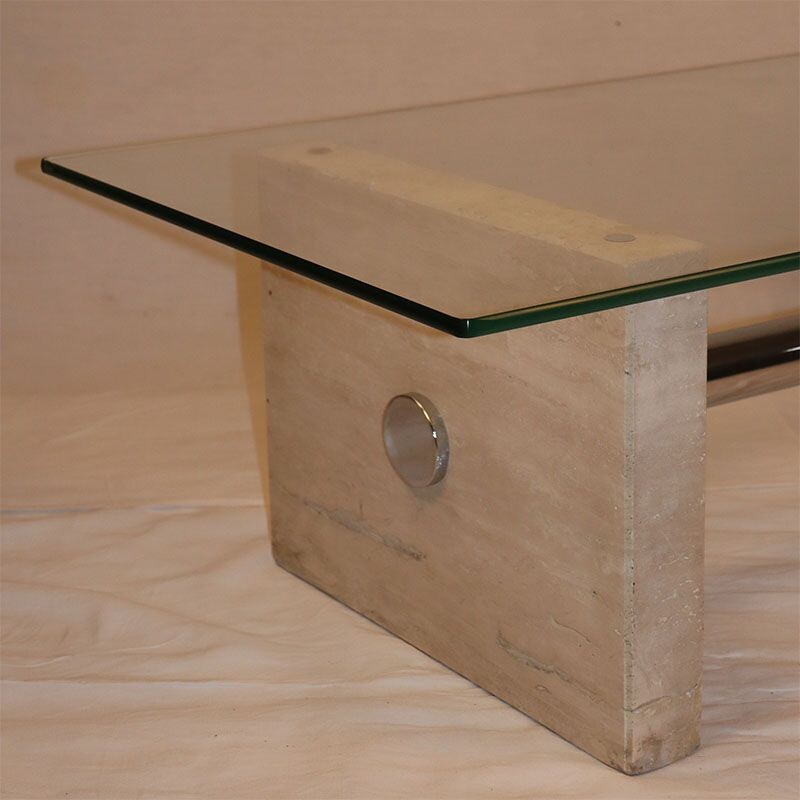 Vintage coffee table in travertine and glass 1970