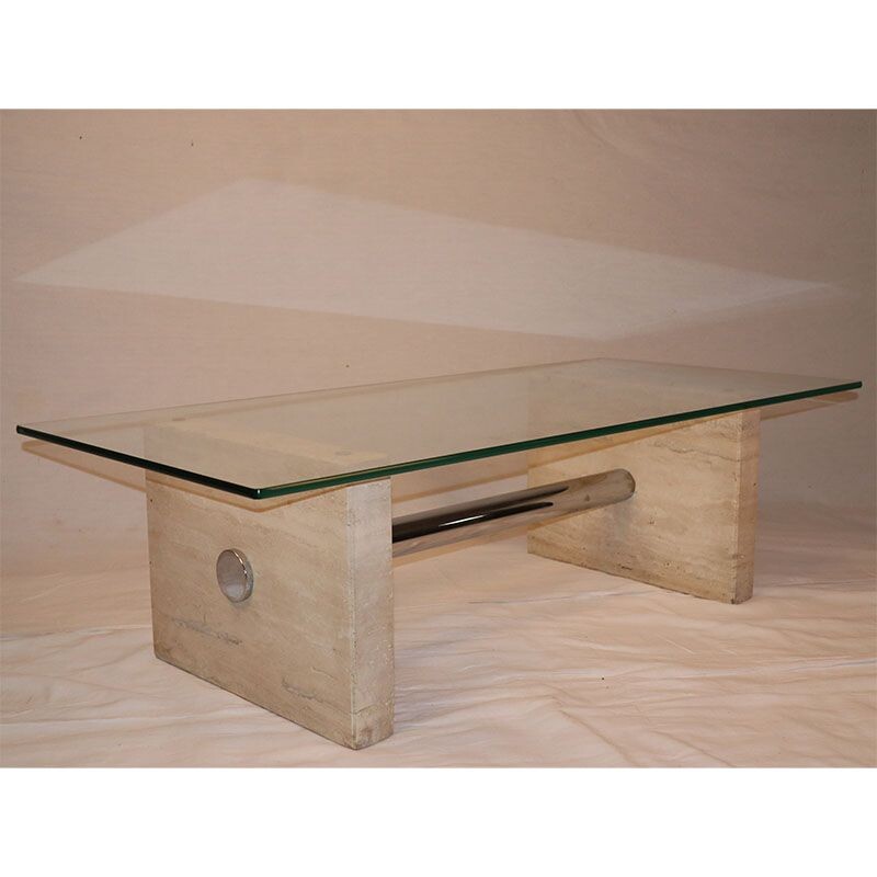 Vintage coffee table in travertine and glass 1970