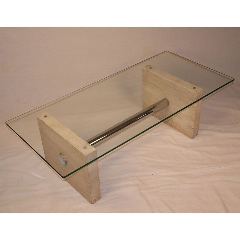 Vintage coffee table in travertine and glass 1970