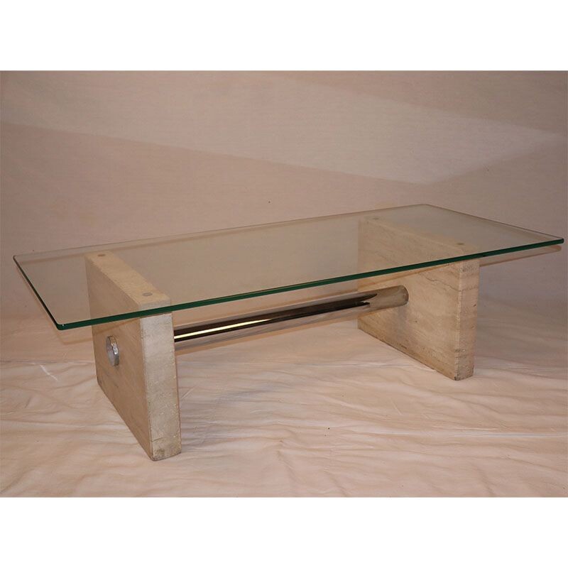 Vintage coffee table in travertine and glass 1970
