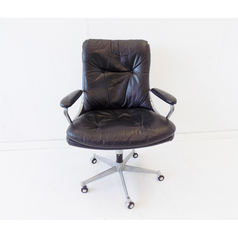 Vintage black leather office armchair Strässle Gentilina by Andre Vandenbeuck 1960