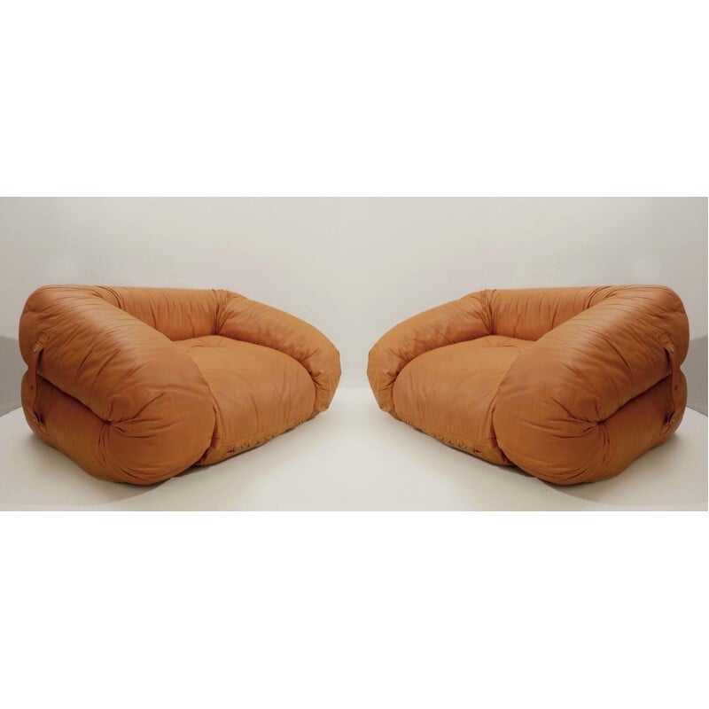 Pair of Vintage Cognac Leather Bed Armchairs 'Anfibio' By Alessandro Becchi For Giovannetti, Italy 1971