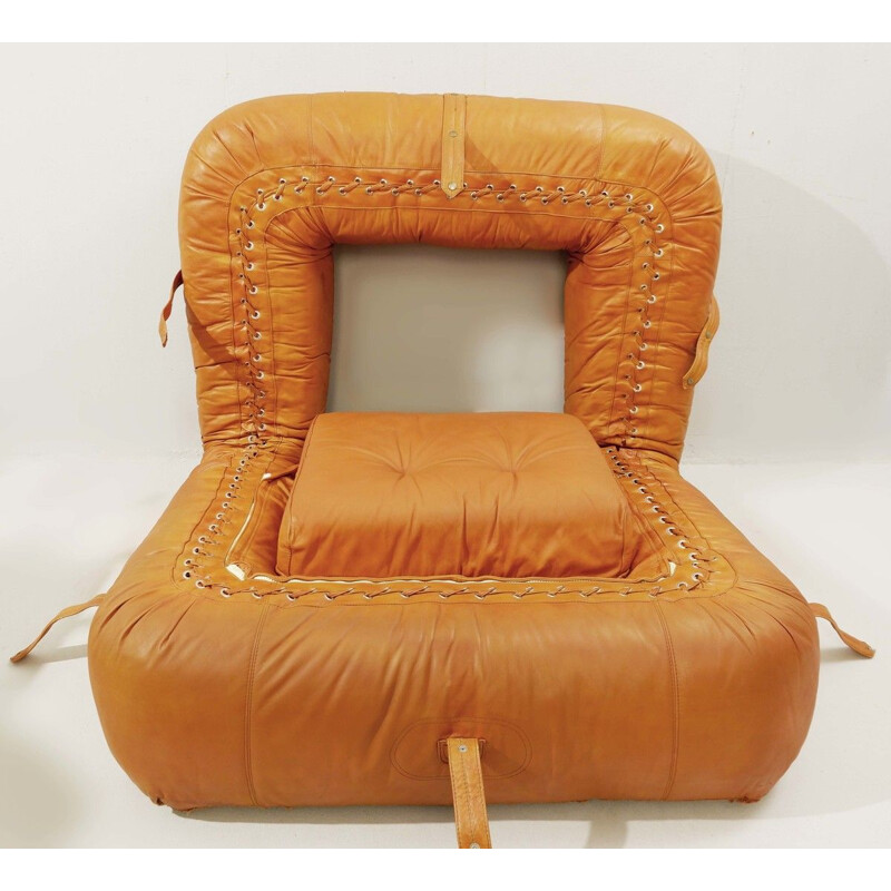 Pair of Vintage Cognac Leather Bed Armchairs 'Anfibio' By Alessandro Becchi For Giovannetti, Italy 1971