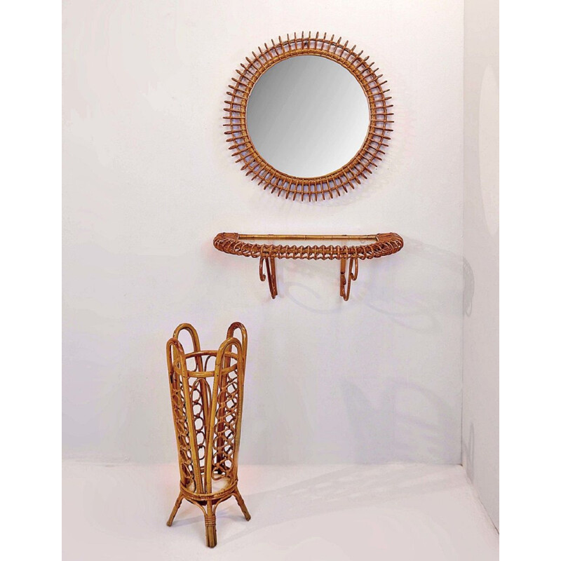 Ensemble Miroir vintage en bambou console et porte-parapluie