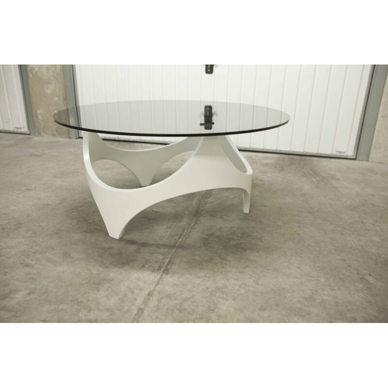 Table basse vintage space age bois courbé blanche, 1970