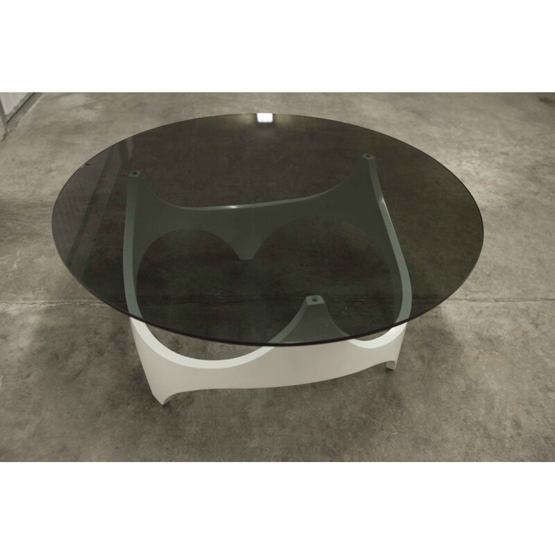 Table basse vintage space age bois courbé blanche, 1970
