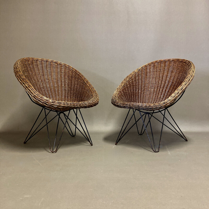 Vintage rattan armchair duo 1950