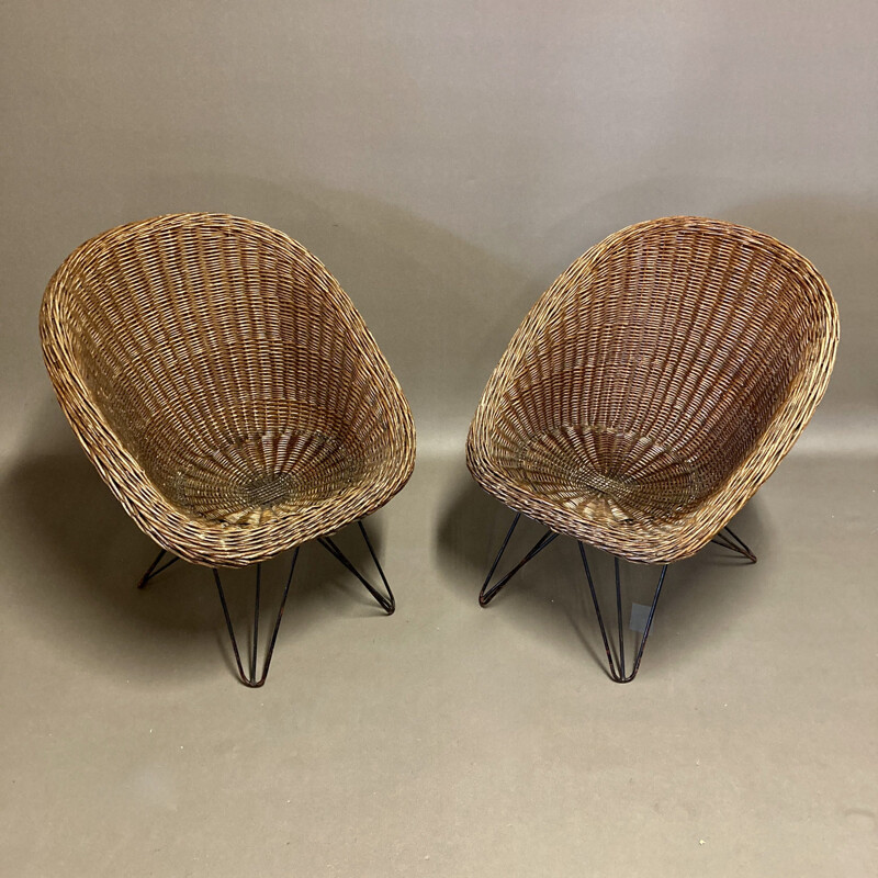 Duo de fauteuil vintage en rotin 1950