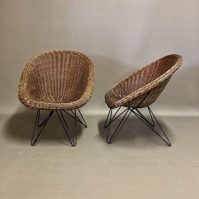 Duo de fauteuil vintage en rotin 1950