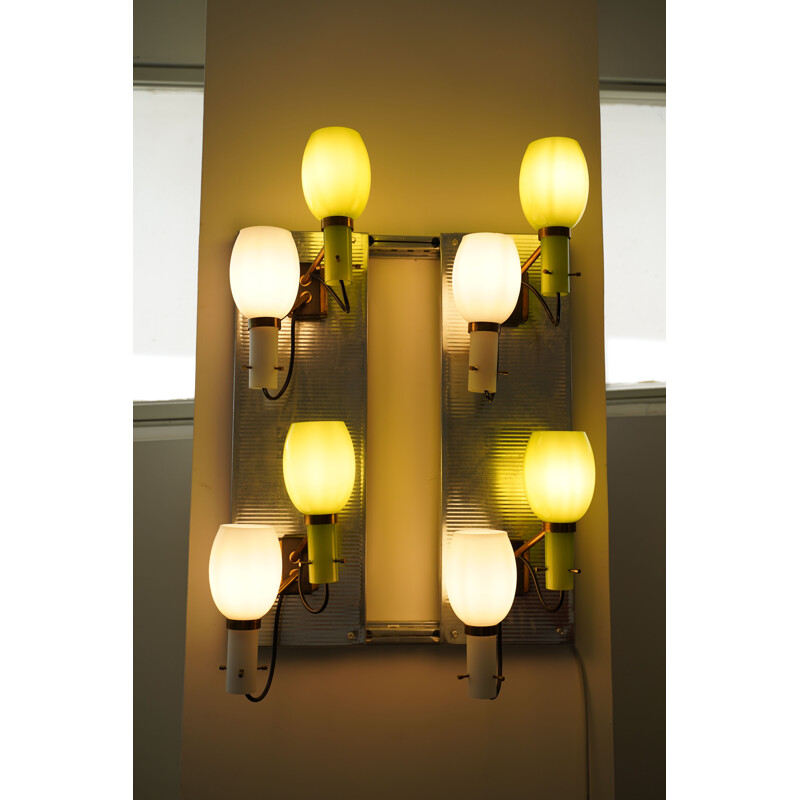 Set of 4 midcentury Vistosi frosted glass and brass sconces by Stilnovo Italian