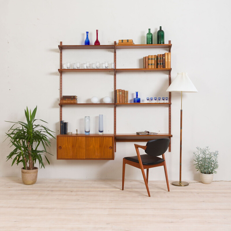 Vintage wall unit with small desk shelf and cabinet in teak Kai Kristiansen FM Mobler, Denmark 1960s