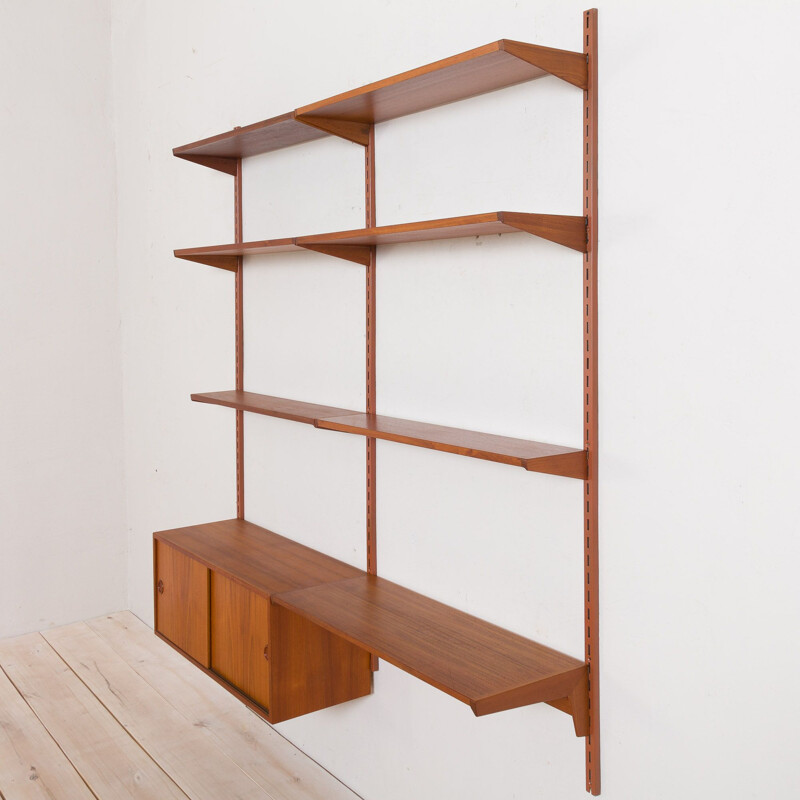 Vintage wall unit with small desk shelf and cabinet in teak Kai Kristiansen FM Mobler, Denmark 1960s