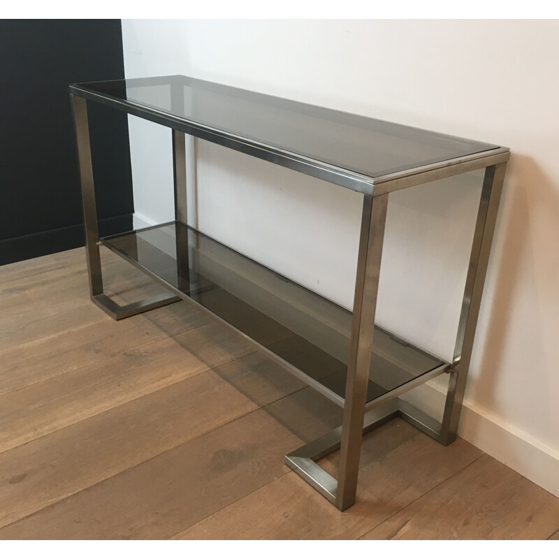 Vintage Console in Brushed Steel and Smoked Glass Trays 1970