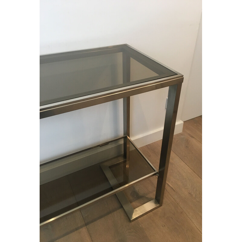 Vintage Console in Brushed Steel and Smoked Glass Trays 1970