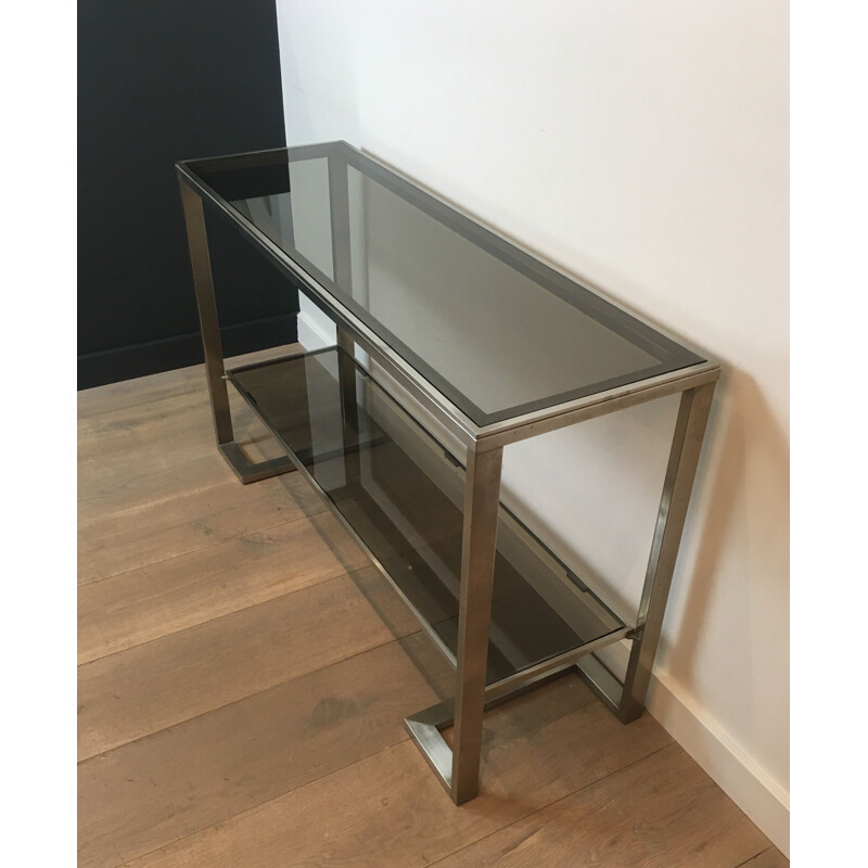 Vintage Console in Brushed Steel and Smoked Glass Trays 1970