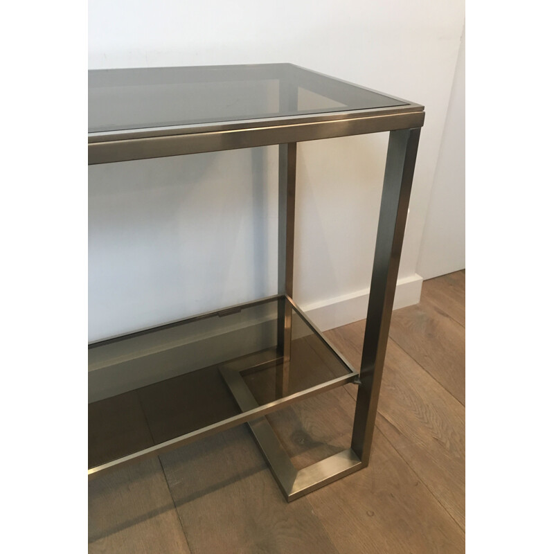 Vintage Console in Brushed Steel and Smoked Glass Trays 1970